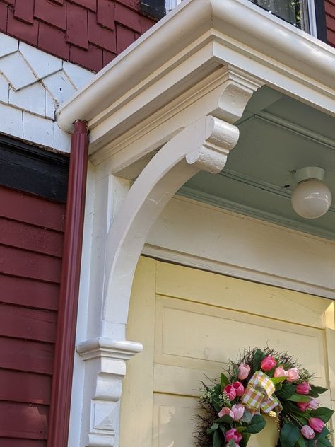 Pediments Over Doors, Porch Corbels, Corbels Exterior, Southern Eclectic Decor, Door Pergola, Door Overhang, Ornamental Wood, House Outer Design, House Trim