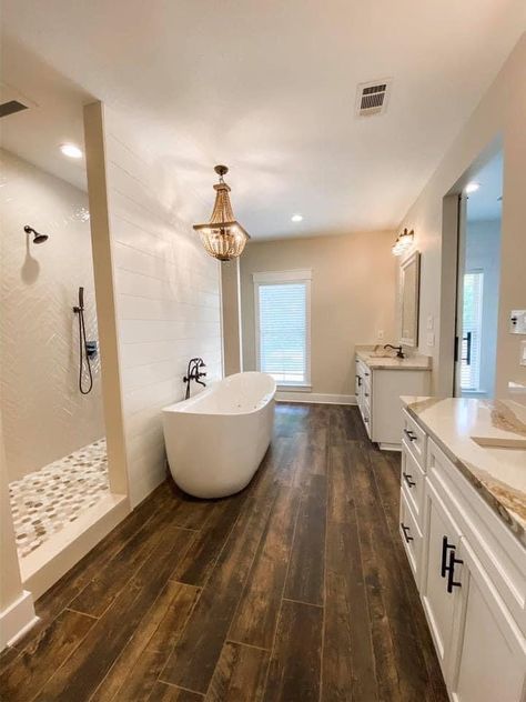 Basement Master Bath, Master Bath Walk Through Shower Ideas, Toilet Cubby Master Bath, Bathroom Inspiration Wood Floor, Big Bathroom Ideas Master Suite Farmhouse, Master Bath Ideas No Tub, 10x15 Bathroom Layout, Master Bath Barndominium, Mast Bathroom Ideas