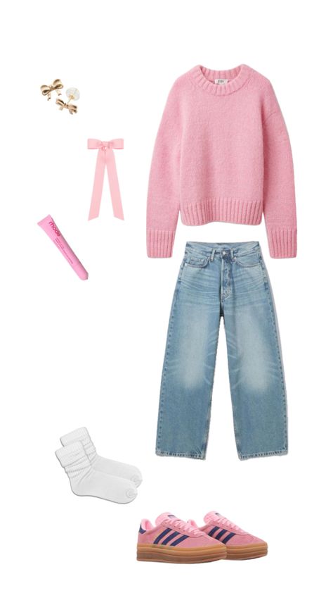 pink gazelle bold, pink Adidas, gum bottom, outfit inspo, pink outfit, bow in hair, bow earrings, rhode lip Pink Gazelle, Bow In Hair, Adidas Gazelle Pink, Outfit Inspo Pink, Pink Gazelles, Adidas Gazelle Outfit, Rhode Lip, Baggy Outfit Ideas, Gazelle Bold