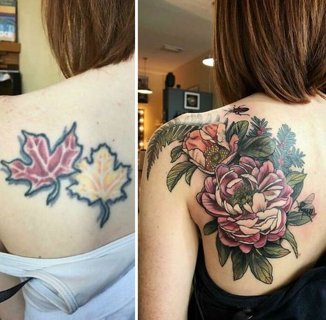 Center Of Back Tattoo, Flower Cover Up Tattoos, Girlfriend Tattoos, Tatuaje Cover Up, Cover Up Tattoos For Women, Back Of Shoulder Tattoo, Tattoo Cover Up, Bad Tattoos, Old Tattoos