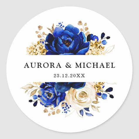 Royal Blue Yellow Gold Metallic Floral Wedding Classic Round Sticker Size: Small, 1½ inch. Gender: unisex. Age Group: adult. Round Stickers Aesthetic, Wedding Sticker Design, Gold Theme Wedding, Celebration Stickers, Cobalt Blue Weddings, Gold Yellow Color, Blue Flowers Background, 45th Wedding Anniversary, Royal Blue Flowers