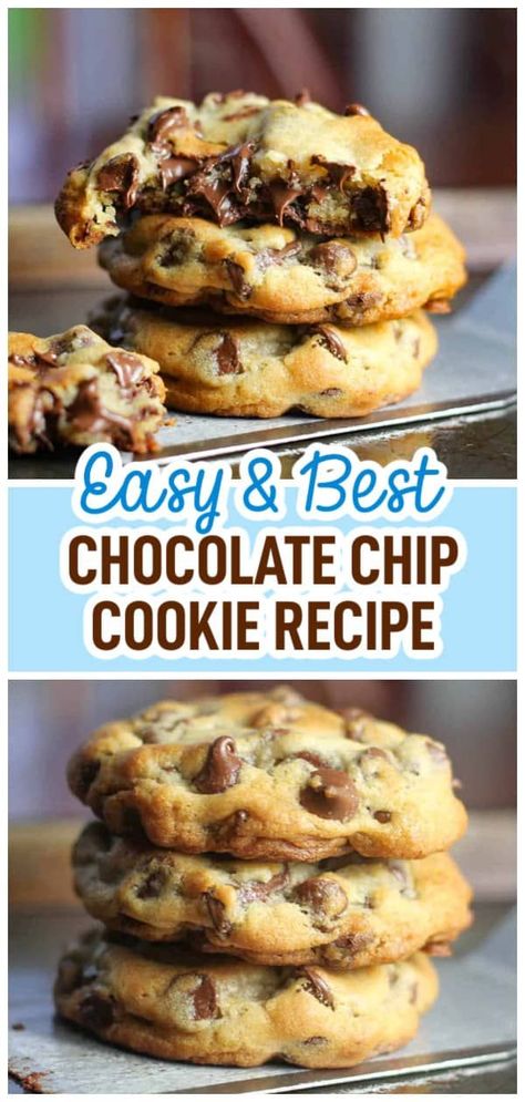 These perfect cookies are buttery, chewy, thick and chocked full of rich, semi-sweet chocolate chips. Absolutely divine! Choc Chip Biscuits, Thick Chocolate Chip Cookies Chewy, Easy Chewy Chocolate Chip Cookies, Fat Cookie Recipes, Moist Chocolate Chip Cookies, Thick Chocolate Chip Cookies, Chocolate Chip Cookies Easy, Quick Foods, Best Chocolate Chip Cookie Recipe