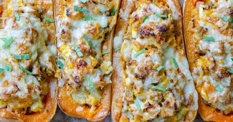 Sausage Stuffed Squash, Stuffed Squash Recipes, Sausage Stuffed Butternut Squash, Zucchini Meals, Butternut Squash Sausage, Stuffed Butternut Squash, Stuffed Butternut, Baking Breads, Hot Crab Dip