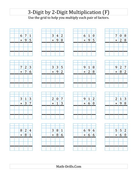 The 3-Digit by 2-Digit Multiplication with Grid Support (F) math worksheet from the Long Multiplication Worksheet page at Math-Drills.com. Long Multiplication Worksheets, 4th Grade Multiplication Worksheets, Multiplication Grid, Long Multiplication, Two Digit Multiplication, 2 Digit Multiplication, Printable Multiplication Worksheets, Math Multiplication Worksheets, Multiplication Worksheet