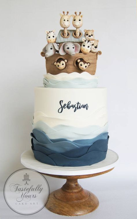 Baptism Cake Boy, Animal Couples, Noahs Ark Cake, Noahs Ark Party, Christening Cake Boy, Baby Boy Cake Topper, Noahs Ark Theme, Noahs Ark Baby Shower, Simple Birthday Party