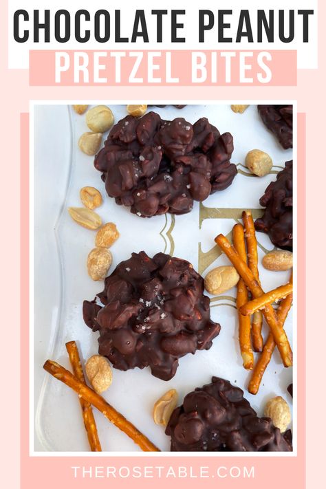 Easy no-bake Chocolate Peanut Pretzel Bites takes 5 minutes to make! Perfect for a Christmas Cookie plate. Pretzel Peanut Butter Chocolate, Peanut Butter Chocolate Pretzels, Chocolate Pretzels Sticks, Pretzel Chocolate Bites, Christmas Cookie Plate, Crockpot Christmas, Potato Chip Recipes, Peanut Clusters, Cookie Plate