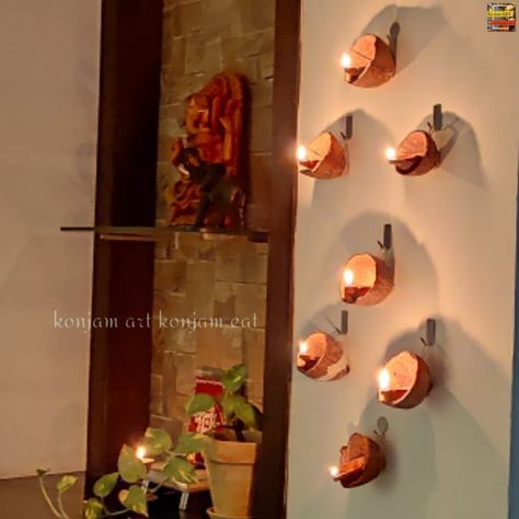 Wall mount coconut shell diya diy eco friendly & economical home decor Karthigai Deepam Decoration, Fall Houses Exterior, House Exterior Before And After, Festive Aesthetic, Karthigai Deepam, Baddie Bedroom Ideas, Diy Coconut, Western Rooms, Retro Bedrooms