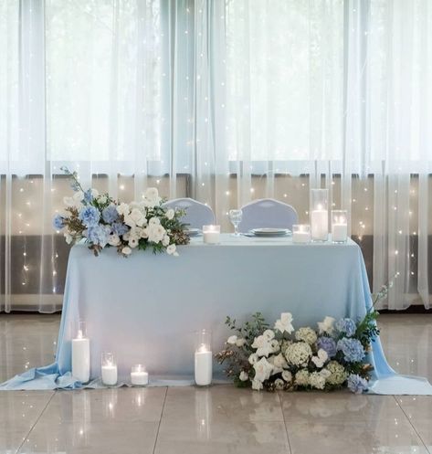 Dusty Blue Backdrop Wedding, Blue Top Table Flowers, Dusty Blue Photo Backdrop, Dusty Blue Wedding Main Table, Dusty Blue Head Table Wedding, Table Runners For Wedding Tables, Sweetheart Table Wedding Dusty Blue, Light Blue Sweetheart Table, Blue Sweetheart Table Wedding