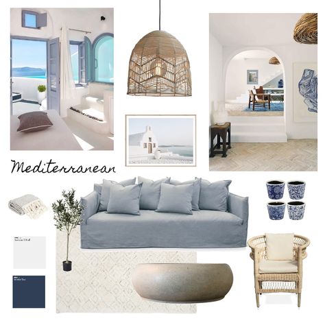 Mediterranean Living Rooms Greek Islands, Mediterranean Interior Design Style Mood Board, Mediterranean Coastal Interior, Mediterranean Indoor Decor, Mediterranean Interior Color Palette, Modern Mediterranean Mood Board, Mood Board Mediterranean, Mediterranean Moodboard Interior Design, Modern Mediterranean Interior Design Mood Board