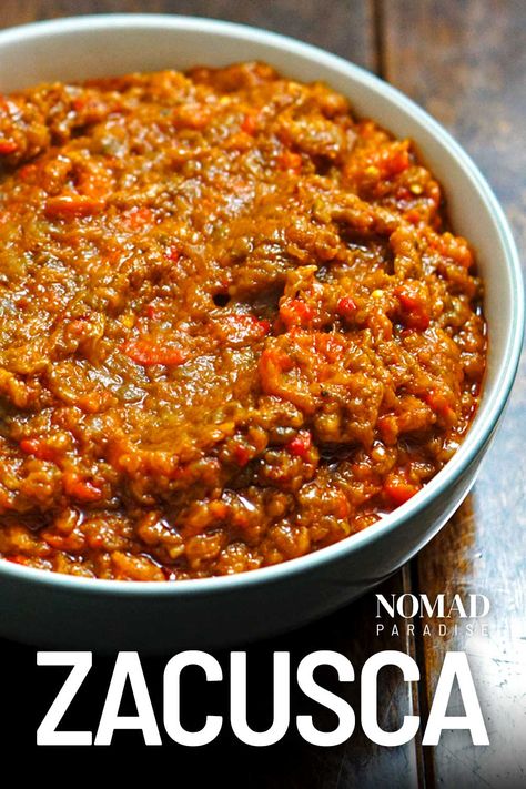 Zacusca Recipe (Roasted Eggplant and Bell Pepper Spread from Romania and Moldova) Travel Eastern Europe, Eggplant Spread, Romania Food, Romanian Desserts, Eggplant Dip, Bell Pepper Recipes, Roasted Eggplant, Roast Eggplant, Romanian Food