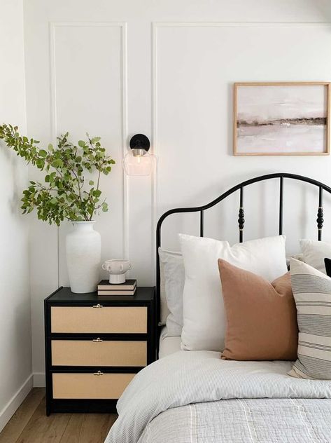 iron bed frame next to a black nightstand with caned drawers made from the IKEA RAST nightstand Ikea Bedroom Black, Black Metal Bed Frame Bedroom Ideas, Iron Bedframe, Ikea Nightstand Hack, Apt Aesthetic, Black Iron Beds, Ikea Nightstand, California Apartment, Cama Ikea