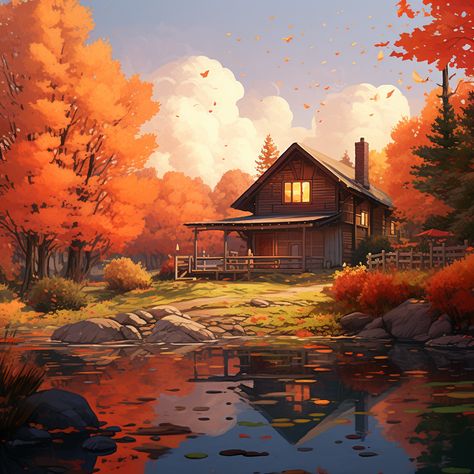 Cabin in the Woods, Autumn, Lake Fantasy Cabin In The Woods, Fantasy Cabin, Autumn Cabin, Woods Autumn, Lofi Aesthetic, Dog Tumblr, Easy Landscape, Easy Landscape Paintings, Cabin Aesthetic