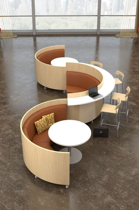 Connecting, curved booths with panels provide wayfinding in large open space Raised Office Platform, Space Saving Seating, Integrated Furniture Architecture, Modular Office Space, Public Office Design, Modular Seating Design, Connecting Desk, Public Study Space, Bookstore Seating