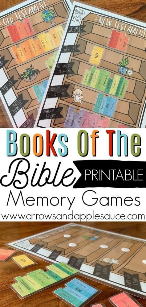 These fun printable will help your little ones (or even you!) learn the books of the Bible in no time! With the books organized by category, it's easy! #Bibleforkids #kidsBibleactivities #SundaySchoolGames #HomeschoolPrintables #learningathome #BooksoftheBible #ChristianParenting #oldTestament #newTestament Games To Learn New Testament Books, Books Of The Bible Printable Free Kids, Bible Bookcase Printable, Bible Lapbooks Free Printables, Books Of The Bible Bulletin Board, Books Of The Bible Games For Kids, Bible Basics For Kids, New Testament Books Of The Bible, Books Of The Bible Categories