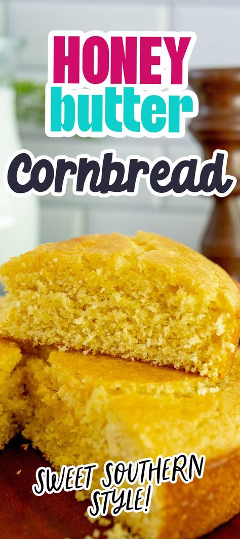 Honey Butter Cornbread - breads #breads #sidedishes Cornbread Recipe With Honey, Honey Butter Jiffy Cornbread, Honey Butter Cornbread Recipe, Sweet Honey Cornbread Recipe, Honey Butter Cornbread Jiffy, Honey Cornbread Recipe Jiffy, Cornmeal Mix Cornbread, Diy Honey Butter, Honey Cornbread Recipe