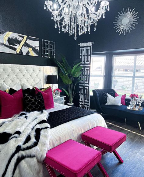 Plush Pink Bedroom Ideas, Red Bedroom Decor Ideas For Women, Black Pink And Silver Bedroom, Black White And Pink Bedroom Aesthetic, Barracks Room Decor, Black And Pink Room Decor, Pink Room Decor Ideas Bedrooms, Black And White Bedroom Ideas Luxury, Sisters Room Ideas Shared Bedrooms