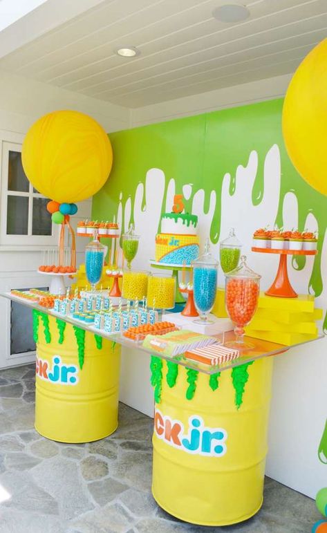 Nick Jr Turns 5 | CatchMyParty.com Nick Jr Birthday, Wall Weaving, Slime Birthday, Painting Birthday Party, 5th Birthday Party Ideas, Slime Party, Painting Birthday, 1st Birthday Party Themes, 2nd Birthday Party Themes