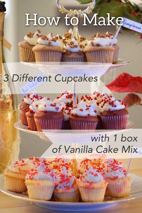 This is a great trick for taking 1 box of vanilla cake mix and making several different flavors with it! Cake Mix Cupcakes, Boxed Cake Mixes Recipes, Cakes To Make, Cupcake Mix, Vanilla Cake Mixes, Savory Cakes, Cupcake Flavors, Box Cake Mix, White Cake Mixes