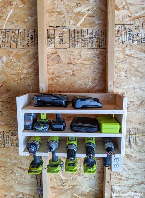 Drill Storage Shelf | Woodworking Plans Shelves, Workbench Organization, Drill Storage, Power Tool Storage, Mobile Workbench, Drill Holder, Diy Regal, Work Benches, Diy Rangement