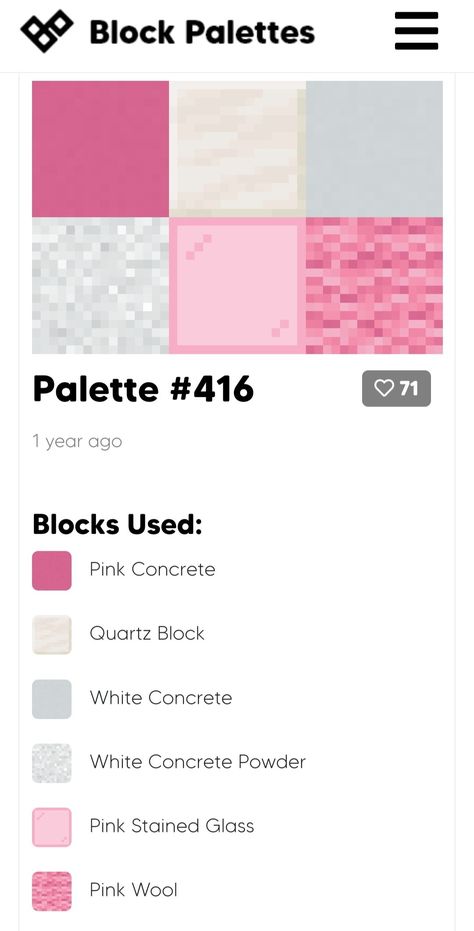 Pink Blocks Minecraft, Minecraft Pink Pallet, Pink Block Palette Minecraft, Cherry Wood Color Palette Minecraft, Minecraft Color Combinations, Pink Minecraft Pallet, Minecraft Empire Ideas, Minecraft Building Palette, Block Pallet Ideas Minecraft