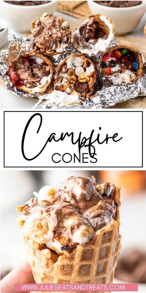 Ditch the mess & enjoy melty goodness! Campfire Cones are the fun, easy treat that skips the S'mores struggle. Fill 'em with chocolate, marshmallows, fruit - anything you crave! Bake, grill or oven - the melty magic is yours to create! Campfire Cones Recipe, Campfire Cones, Campfire Desserts, Dessert Recipes For Kids, Easy Treat, Summer Baking, Yummy Ice Cream, Easy Summer Desserts, Unique Desserts