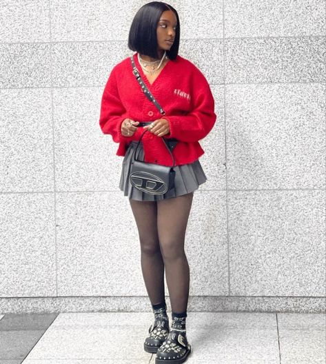 Red And Black Preppy Outfits, Sweater With Heels Outfit, Red Dinner Outfits Black Women, Grey Mini Skirt Outfit Black Women, Knit Sweater Outfit Black Women, Easter Looks For Black Women Outfits, Red Outfit Inspo Black Women, Valentine’s Day Outfit Ideas Black Women, Casual Clubbing Outfits Winter