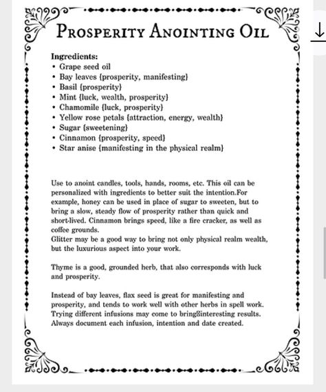 Blessing Oil Recipe, Prosperity Essential Oil Blend, Prosperity Oil Recipe, Money Oil Recipe Witchcraft, Protection Oil Recipe, Money Witchcraft, Witchy Ingredients, Money Oil Recipe, Prosperity Oil