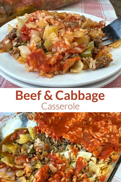 Collage of beef and cabbage casserole in a baking dish and on a white plate Fried Cabbage And Hamburger Recipes, Hamburger Cabbage Potato Casserole, Recipe With Cabbage And Ground Beef, Saurkraut And Ground Beef Casserole, Ground Beef Cabbage And Rice Recipes, Ground Beef And Cabbage Skillet, Cabbage Potatoes And Ground Beef, Hamburg And Cabbage Recipes, Cabbage Burger Casserole