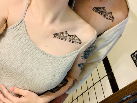 Matching Mountain Tattoos Couples, Mountain Couple Tattoo, Rocky Mountain Tattoo, Wedding Date Tattoos, Mountain Couple, Date Tattoos, Matching Couple Tattoos, Mountain Tattoo, The Rocky Mountains