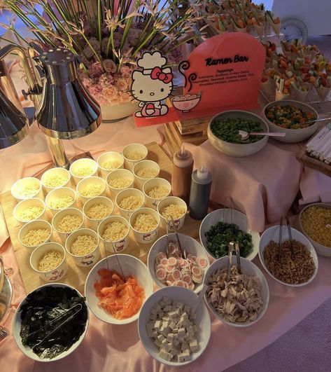 Ramen Buffet Ideas, Ramen Noodle Birthday Party Ideas, Ramen Noodle Bar Ideas, Japanese Food Party Ideas, Ramen Birthday Party Ideas, Ramen Noodle Party Ideas, Ramen Bar Party Ideas, Cup Of Noodles Bar For Party, Ramen Noodle Party