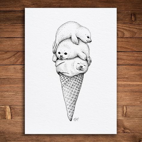 "\"Seal Cone\" - The cold never bothered me anyway. And this pile of sleeping baby seals seems to enjoy it too. A whimsical ink drawing from artist Steve Habersang (Habby Art), this high-quality, pen and ink print comes in 8\" x 10\" or 5\" x 7\" on thick 110lb. Strathmore Wove Bright White paper. No frame included." Ice Cream Cone Drawing, Rooster Illustration, Seal Tattoo, Satirical Illustrations, Stippling Art, Baby Seal, Black And White Vintage, Cute Drawing, Illustration Pen And Ink