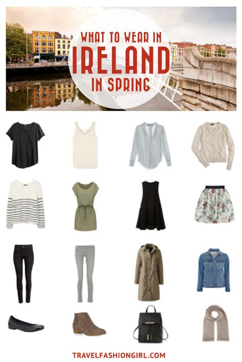 Planning a trip to Ireland in the Spring? Use this packing list to help you pack light for your trip. Click here for an easy to use and comprehensive packing list for Ireland in Spring. | TravelFashionGirl.com Travel Capsule Wardrobe Ireland Spring, Trip To Ireland What To Wear, What To Wear In Dublin Ireland, Trip To Scotland Outfits, What To Wear To Ireland In Spring, Denver Packing List Spring, Outfits For Dublin Ireland Spring, Ireland In May Outfits, What To Pack For Ireland In May