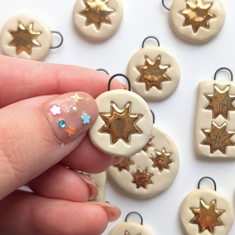 Ceramics With Gold Luster, Gold Luster Ceramics, Quilt Pattern Simple, Polymer Pendant, Star Ceramic, Ceramic Charms, Handmade Ceramic Jewelry, Loop Necklace, Ceramic Accessory