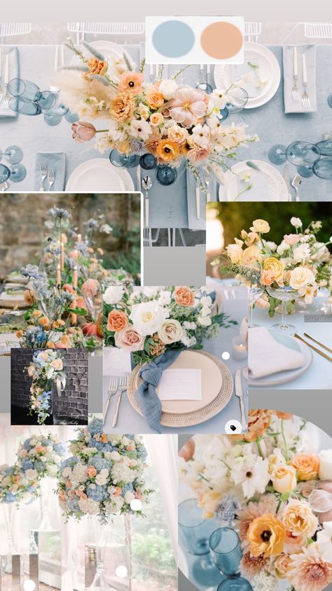 Dusty Blue Orange Wedding Theme, Dusty Blue And Mustard Wedding, Light Blue And Light Orange Wedding, Powder Blue And Orange Wedding, Marigold And Blue Wedding, Wedding Themes Ideas Summer, Spring Wedding Blue Colors, Dusty Blue Coral Wedding, Spring Wedding Color Palette Dusty Blue