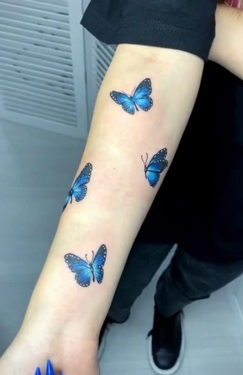 Blue Butterfly Tattoo Arm, Blue Butterflies Tattoo, Blue Butterfly Tattoo, Hand Tattoo Designs, Dinosaur Tattoos, Petite Tattoos, Tatuaje A Color, Sunflower Tattoos, Fox Tattoo