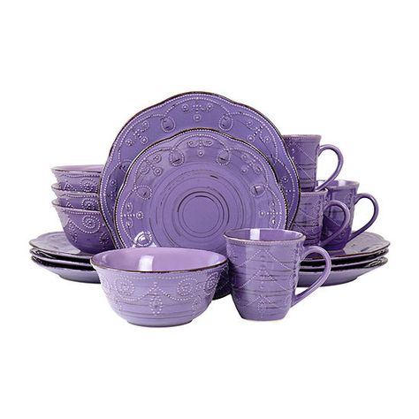 Elama Rustic Birch 16-pc. Stoneware Dinnerware Set, Color: Purple - JCPenney Purple Dishes, Purple Kitchen, Stoneware Dinnerware Sets, Dinner Table Setting, Embossed Pattern, Stoneware Dinnerware, All Things Purple, Beautiful Bowls, Beautiful Dishes