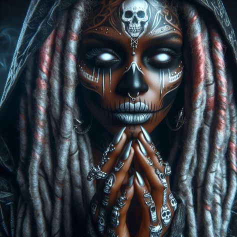 #voodooqueen #voodoo #witch #ai #witchcraft Voodoo Queen Art, Voodoo Witch Costume Diy, Voodoo Character Design, Voodoo Witch Makeup, Voodoo Priestess Makeup, Voodoo Fashion, Voodoo Aesthetic, Voodoo Skeleton, African Witchcraft