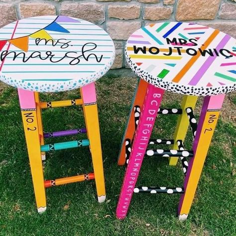 Classroom Stools Painted, Diy Teacher Stool, Classroom Chair Ideas, Classroom Teacher Chair, Elementary Classroom Themes Colorful, Diy Teacher Decor, Teacher Stools Painted Diy, Teacher Shower Ideas, Teacher Chairs For Classroom