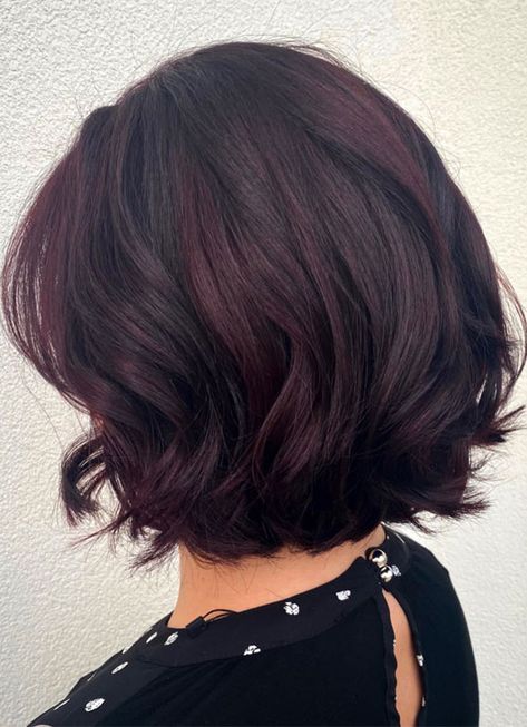 Cherry Cola Pixie Hair, Short Cherry Coke Hair, Black Cherry Hair Color Short, Cherry Coke Short Hair, Cherry Cola Short Hair, Dark Cherry Coke Hair, Hair Color On Brown Hair, Short Bob Dark Hair, Color On Brown Hair