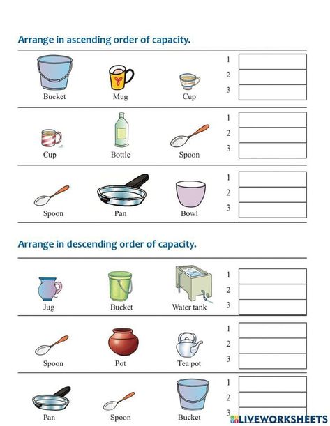 Teaching Aids For Maths, Capacity Activities, Capacity Worksheets, Balancing Scale, Reasoning Activities, Worksheet For Class 2, Mathematics Activities, Measurement Worksheets, Grade 6 Math