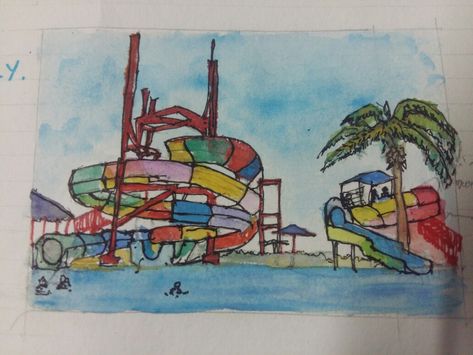 Water park resort sketch Waterpark Drawing, Waterpark, Water Painting, Water Slides, Water Park, Pencil Drawings, Watercolor Paintings, Sketch, Paintings