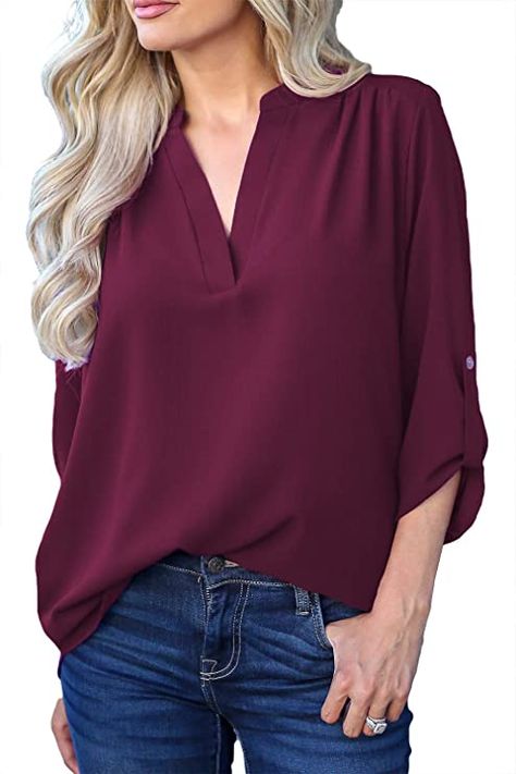 Allimy Women Summer Casual Split V Neckline Chiffon Blouses Loose Tunic Short Sleeve Tops at Amazon Women’s Clothing store Casual Chiffon Blouse, Women Summer Casual, Chiffon Tops Blouses, Chiffon Blouses, Bodycon Evening Dress, Formal Fashion, Loose Tunic, Split Sleeve, Tunic Tops Casual