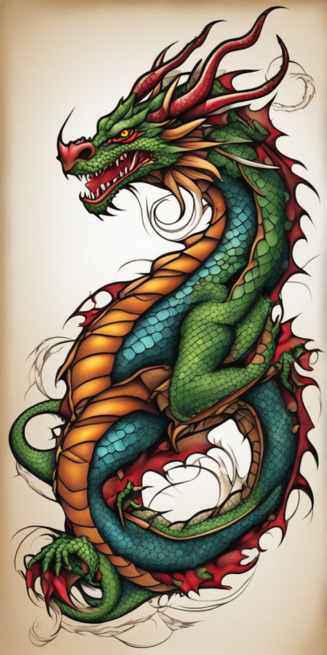 This image showcases a vibrant new school style dragon tattoo design. The dragon, dynamically colored, dominates the blank canvas background, exhibiting a mix of intricate detailing and bold color schemes. Dragon Tattoo With Color, Color Cover Up Tattoo, Dragon Drawing Color, Dragon Tattoo Color, Dragon Chino Tattoo, Elaborate Tattoos, Dragon Tattoo Sleeve, Cool Dragon Drawings, Dragon Festival