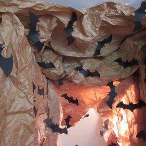 The Bat Cave - The bats are Batman logos Halloween Indoor Decorations, Paper Crumpled, Batman Logos, Bat Party, Batman Decor, Batman Halloween, Halloween Maze, Bat Decorations, Halloween Forum