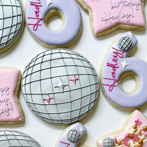 Sweet Erwyn's Baked Goods on Instagram: "Had major Hannah Montana flashbacks making these disco dance party cookies! 🪩" Disco Barbie Cookies, Disco Birthday Cookies, Disco Themed Cookies, Sweet 16 Dance Party Ideas, Disco Ball Sugar Cookies, Disco Ball Cookies Decorated, Disco Cookies Decorated, Disco Sugar Cookies, Disco Party Cookies