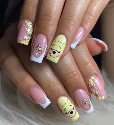 Pooh Bear Nails Art, Pooh Bear Nails, Disney Acrylic Nails, Bears Nails, Gel Nail Art Designs, Nail Art For Beginners, Fancy Nails Designs, Girly Acrylic Nails, Cute Acrylic Nail Designs