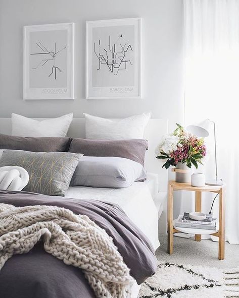 Perfect accent color for spring & summer: dusty lavender. A subtle, feminine, light purple hue that adds the perfect seasonal touch to your home copycatchic luxe living for less White And Purple Bedroom, Light Gray Bedroom, Gray Bedding, Bedroom Purple, Grey Bedroom Decor, Purple Bedrooms, Halo 2, Purple Bedroom, Grey Bedroom