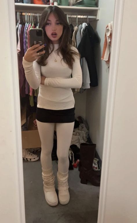 Outfits With White Tights Winter, White Turtle Neck Outfit Ideas, White Fishnet Tights Outfit, White Knit Tights Outfit, Freddy My Love Winter Outfits, White Tights Outfit Coquette, Outfit With White Tights, How To Style White Tights, Cream Tights Outfit