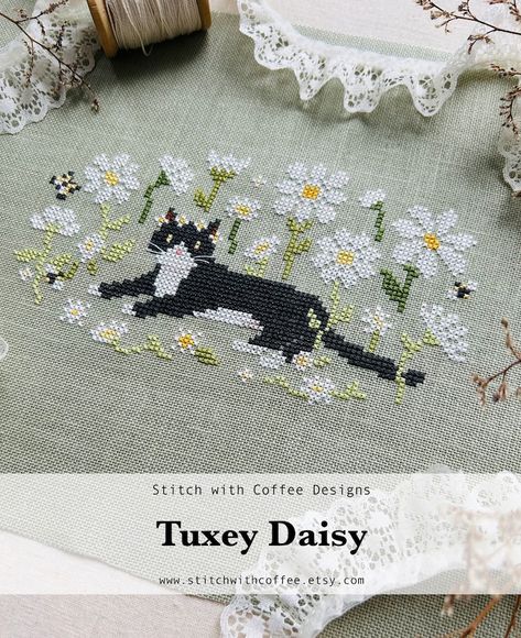 Tuxey Daisy Cross Stitch Pattern Cat Tuxedo Cat Daisies PDF - Etsy Daisy Cross Stitch Pattern, Daisy Cross Stitch, Cat Tuxedo, Cat Embroidery Design, Estilo Shabby Chic, Pattern Cat, Cat Cross Stitch Pattern, Cross Stitch Bookmarks, Cat Cross Stitch