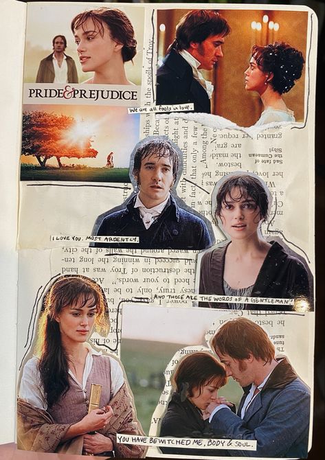 Pride And Prejudice Scrapbook, Pride And Prejudice Collage, Pride And Prejudice Journal, Movie Journal, Movie Collage, Film Journal, Book Reading Journal, Pride And Prejudice 2005, Journal Inspiration Writing